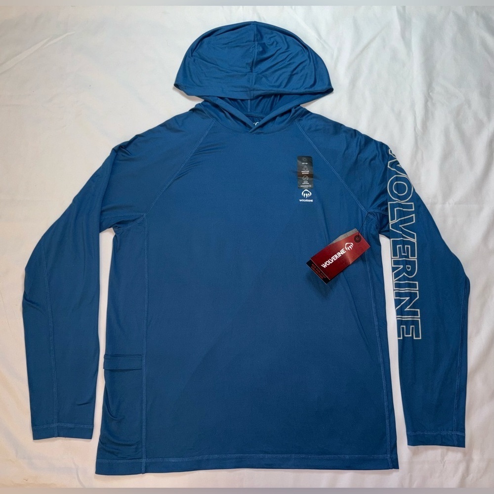 Wolverine NWT Size M Lake Blue Eco Sun Stop UPF 50 Long Sleeve Hooded Shirt